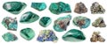 Set of various malachite stones cutout on white Royalty Free Stock Photo