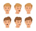 Set of various male emotional faces. Man with different facial expressions, smiling, surprised, scared, upset. Young man