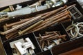 Box with rusty nails and bolts. Royalty Free Stock Photo