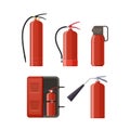 Set of various metal fire extinguishers, various forms, nozzles, hoses.