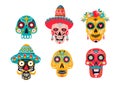 Set of various mexican skulls with ornaments. Dia de Los Muertos or Day of the Dead composition. Royalty Free Stock Photo