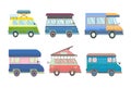 Set of various minivans and motorhomes in flat style. Vector illustration, isolated on white. Royalty Free Stock Photo