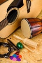 Set of various music instruments on OSB board Royalty Free Stock Photo