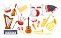 Set various musical metal wood acoustic instruments Royalty Free Stock Photo