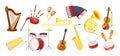 Set various musical metal wood acoustic instruments: violin, tambourine, harp, trombone, bagpipe, saxophone, accordion, guitar Royalty Free Stock Photo