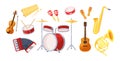 Set various musical metal wood acoustic instruments: violin, tambourine, harp, trombone, bagpipe, saxophone, accordion, guitar, Royalty Free Stock Photo