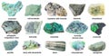 Set of various natural green minerals with names Royalty Free Stock Photo