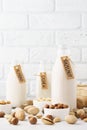 Set of various nut milk in bottles - almond, cashew, hazelnut