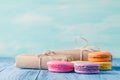 Set of various pastel colored macaroon and gift boxes with ribbon Royalty Free Stock Photo