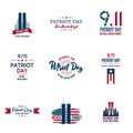 Set of various Patriot Day graphics, cards and banners, emblems, symbols, icons and badges.