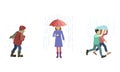Set of various people on a rainy, snowy and windy day. Vector illustration in flat cartoon style. Royalty Free Stock Photo