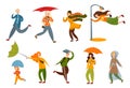 Set of various people on a rainy and windy day. Vector illustration in flat cartoon style. Royalty Free Stock Photo