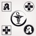 Set of Various Pharmacy Icons with Caduceus Symbol, Letter A and Swiss Cross Symbol in Black and White Royalty Free Stock Photo