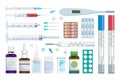 Set of various pills, drugs, vaccine, syringe and thermometer. Tablets and pills realistic set. Medical preparation. Medical