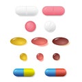 Set of various pills and tablets of different colors isol