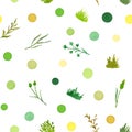 Set of Various Plant Elements Grass, Bushes, Stems, Watercolor Painted and Isolated, SEAMLESS Pattern Royalty Free Stock Photo