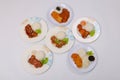 set of various plates of food, deep-fried chicken, and deep-fried pork isolated on white background, top view. Royalty Free Stock Photo