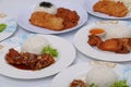 set of various plates of food, deep-fried chicken, and deep-fried pork isolated on white background, top view. Royalty Free Stock Photo