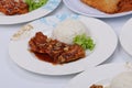 set of various plates of food, deep-fried chicken, and deep-fried pork isolated on white background, top view. Royalty Free Stock Photo