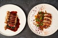 Set of various plates of food on a gray table background with copy space Royalty Free Stock Photo