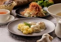 Set of various plates of food top view, lunch. Spaghetti pasta carbonara, salad, meatballs, mashed potatoes, traditional