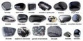 Set of various polished black stones with names Royalty Free Stock Photo