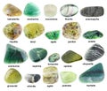 Set of various polished green minerals with names Royalty Free Stock Photo