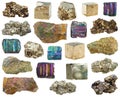 Set of various pyrite mineral crystals, stones