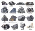 Set of various raw black minerals with name cutout