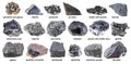 Set of various raw black rocks with names cutout
