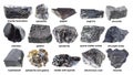 Set of various raw black stones with names cutout Royalty Free Stock Photo