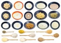 Set of various raw and cooked common wheat groats