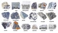 Set of various raw gray rocks with names cutout Royalty Free Stock Photo