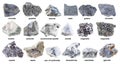 Set of various raw gray stones with names cutout Royalty Free Stock Photo