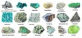 Set of various raw green stones with names cutout Royalty Free Stock Photo