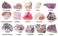 Set of various raw pink stones with names cutout Royalty Free Stock Photo