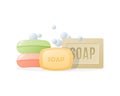 Set various realistic, colored solid soaps with foam and bubbles.