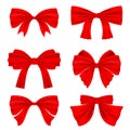 Set of various red bows for decoration. Decor for Valentine`s Day, Birthday, wedding, celebrations and holidays. Royalty Free Stock Photo