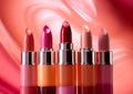Set of various red color lipsticks on pink background.Macro.AI Generative