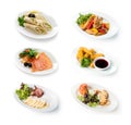 Collage of restaurant dishes isolated on white Royalty Free Stock Photo