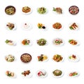 Collage of restaurant dishes isolated on white