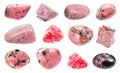 Set of various Rhodonite gemstones isolated