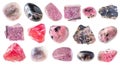 Set of various rhodonite stones cutout on white Royalty Free Stock Photo
