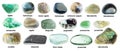 Set of various rolled green rocks with names Royalty Free Stock Photo