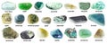 Set of various rolled green stones with names Royalty Free Stock Photo