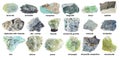 Set of various rough green rocks with names cutout