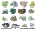 Set of various rough green stones with names