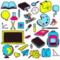 Set of various school elements, colorful hand drawn collection Royalty Free Stock Photo