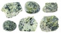 Set of various serpentinite stone cutout on white