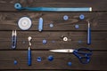 Set of various sewing supplies on wooden surface Royalty Free Stock Photo